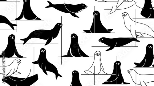 Seal silhouettes reclining and swimming on white pattern, no seamless