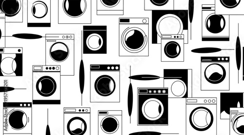 Array of washing machines arranged in tiled monochrome layout, no seamless