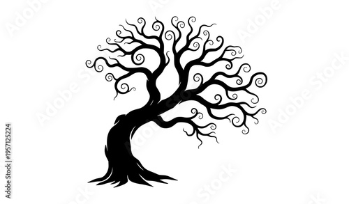 Gothic dry tree silhouette twisted branches spooky halloween vector illustration isolated on white background