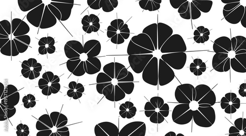 Repeating black flower silhouettes scattered across white background, no seamless