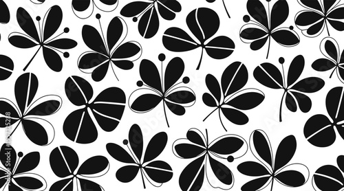 Clover leaf silhouettes scattered across seamless white pattern, no seamless
