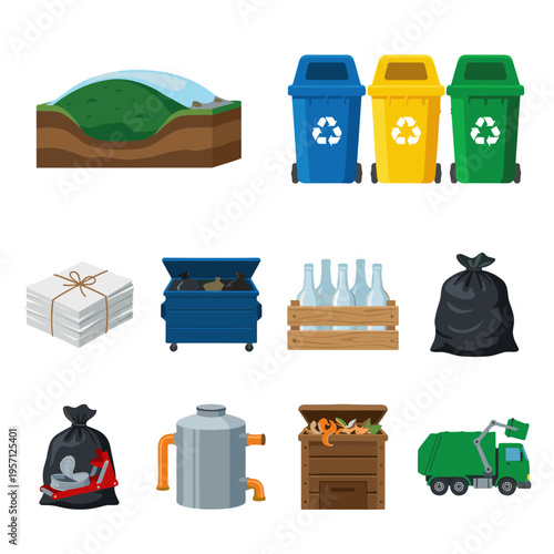 Vector illustration set of waste management icons including recycling