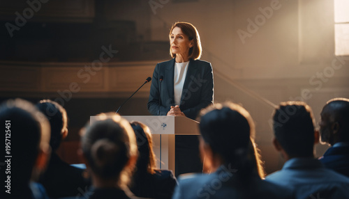 A woman giving a speech at a podium in a formal setting.