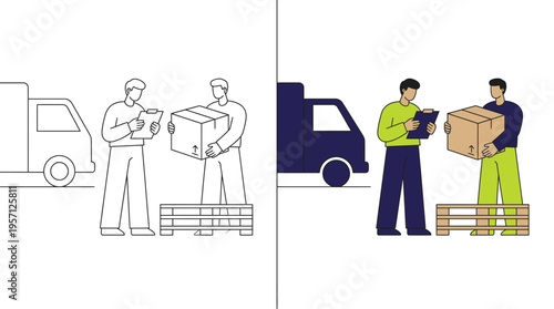 Delivery Men Loading Cardboard Box onto Truck with Pallets
