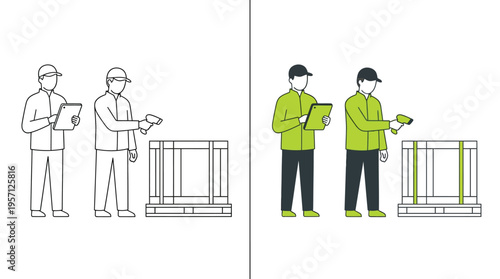 Warehouse Workers Scanning Package on Pallet with Clipboard and Scanner