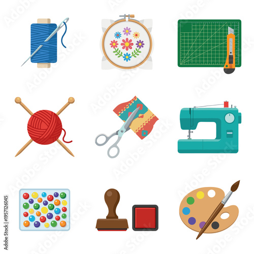 A collection of nine flat icons representing various arts and crafts