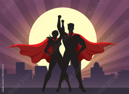 Superhero couple standing on rooftop