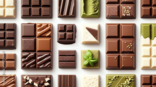 Assortment of gourmet chocolate bars and squares.