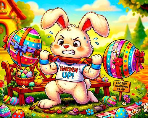 cute easter bunny trying to bicep curl a dumbell made of easter eggs, text ( Harden Up)
