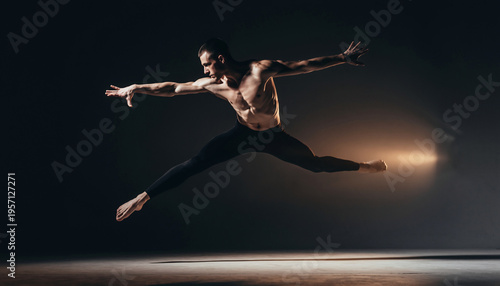 A male dancer performing a leap with dramatic lighting and dark background.