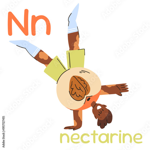 A flashcard for the letter M, a child with vitiligo doing a handstand in a nectarine costume