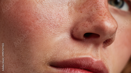 Closeup of human face with visible pores natural skin texture and mild redness showing skincare and dermatology concept