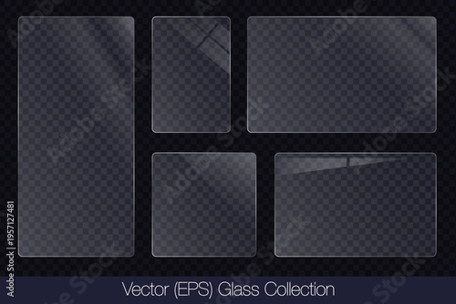 Realistic 3D glass transparent square and rectangle frame with glare, flat glass or plastic plate, flat transparent glass lens, realistic screen glass, window mockup, vector illustration