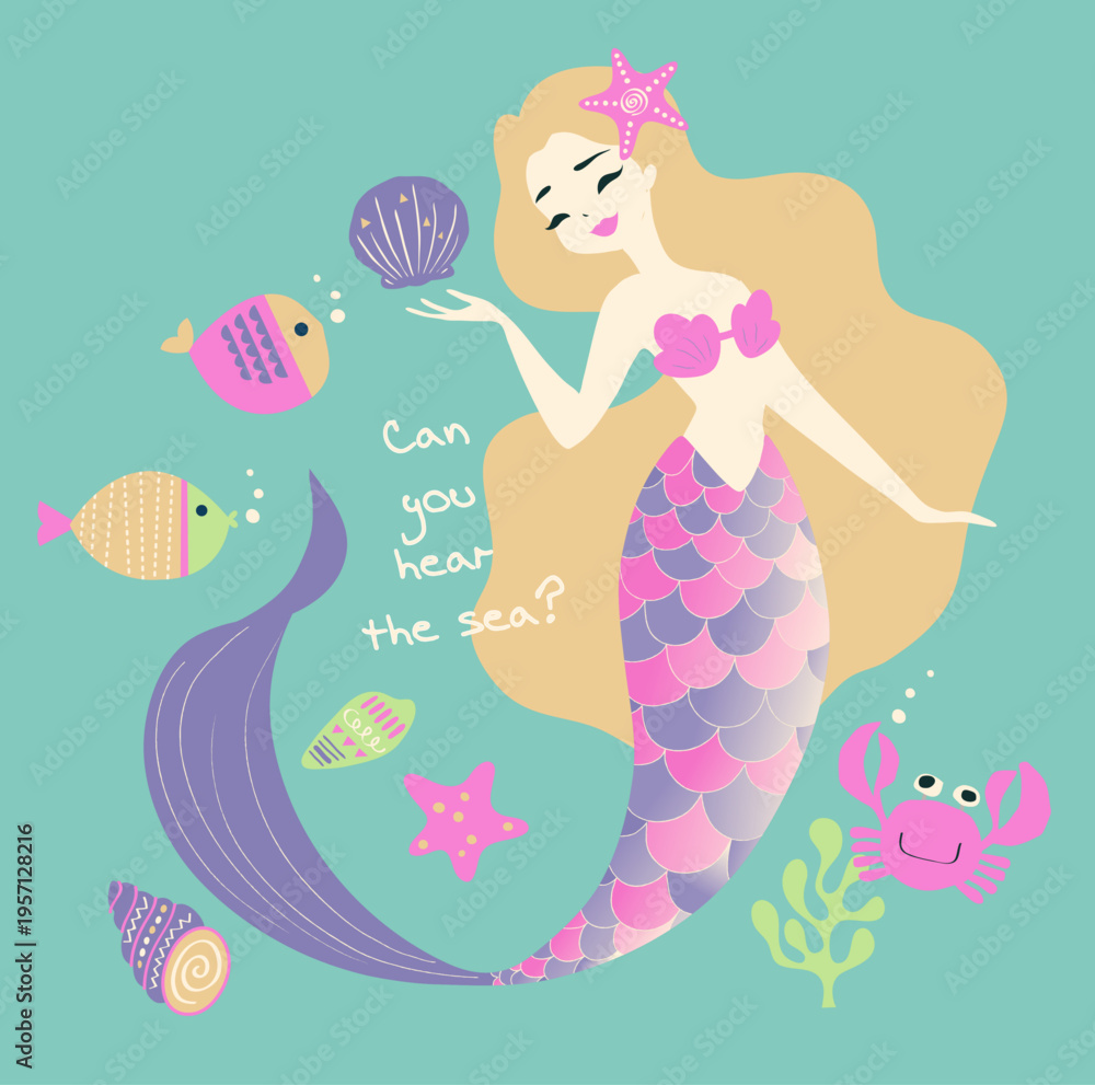 Fototapeta premium The Little Mermaid's lovely appearance, the happy Little Mermaid