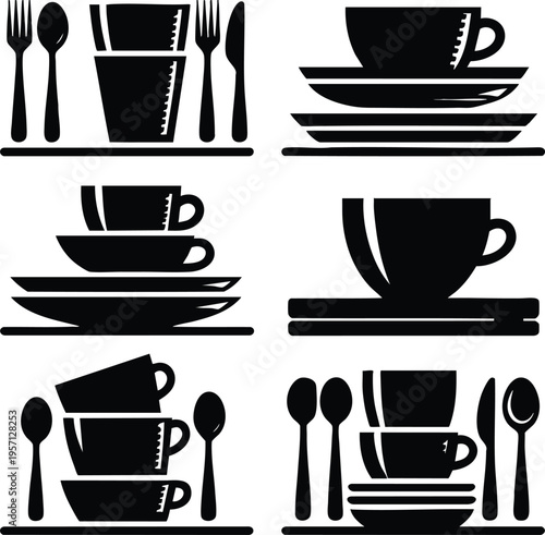 Collection of black and white vector icons representing tableware and kitchenware perfect for restaurant menus food apps and culinary websites