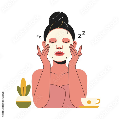 Face Mask Woman Enjoying Peaceful Skincare Routine with Zz Symbols