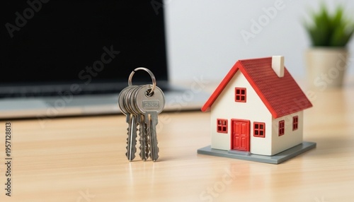 Free photo house keys and toy model house on desk