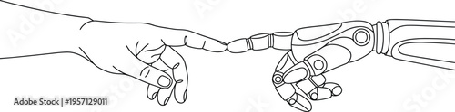 Human and robot hand touching fingers, artificial intelligence connection, futuristic technology concept, innovation, digital transformation, collaboration between human and machine