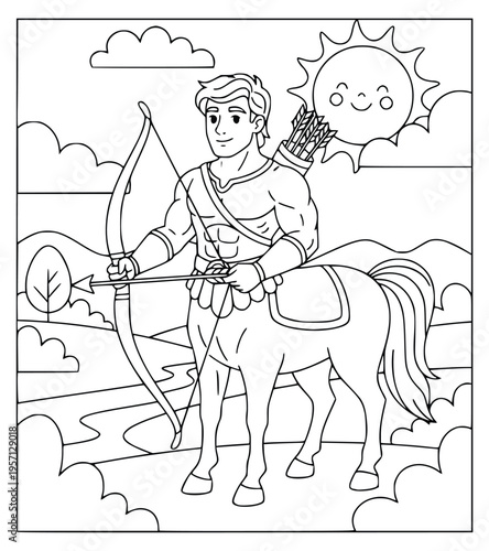 Centaur coloring page with a brave mythological archer in a sunny landscape