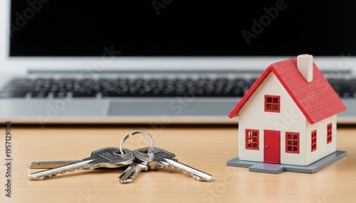 Free photo house keys and toy model house on desk