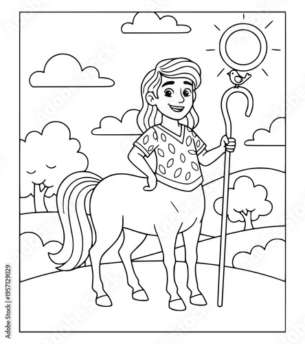 Centaur coloring page with a young mythological girl holding a shepherd's staff