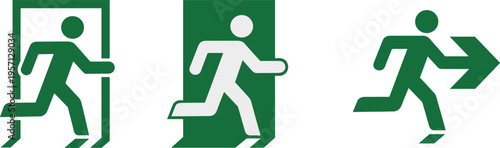 Emergency exit sign icons set, running man evacuation symbol, safety signage, escape route direction, green pictogram, public safety illustration concept