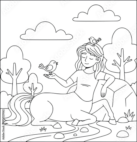 Centaur coloring page with a young mythological girl resting with birds