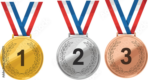 Gold silver bronze medals set, award ranking icons, first second third place winners, achievement concept, competition prize, sports victory illustration