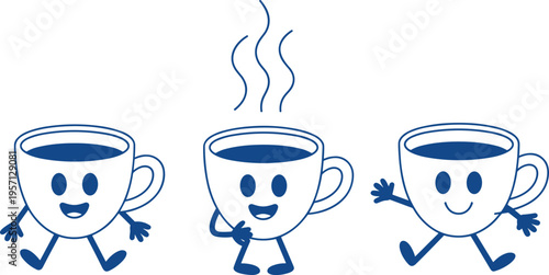 Cute coffee cup characters set, smiling cartoon mugs with faces, hot drink mascot illustration, fun cafe concept, friendly beverage icons design