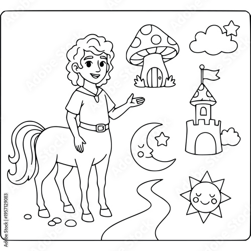 Centaur coloring page with a young mythological girl holding a flower