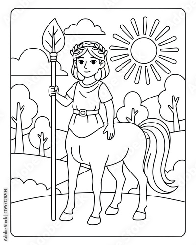 Mythology centaur girl holding a leaf spear in a sunny park coloring page