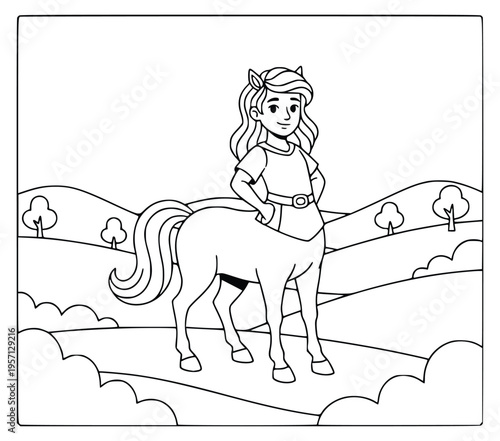Mythology centaur girl standing on a path in a nature park coloring page