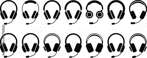 Headphone icons set with microphone, audio headset collection, call center support concept, music listening devices, communication technology symbols illustration pack