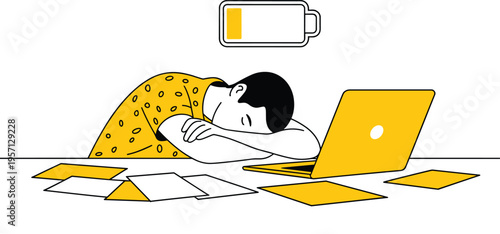Tired student sleeping at desk with laptop, low battery concept, work exhaustion, burnout, deadline stress, fatigue, productivity problem illustration design