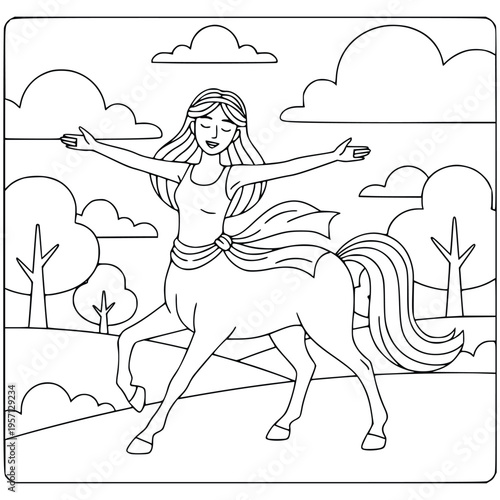 Centaur coloring page for children features a graceful female character outside