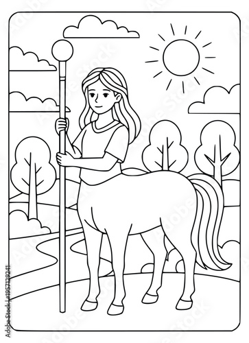 Centaur coloring page for kids featuring a young woman holding a long cane