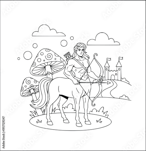 Mythology coloring page for kids with a brave centaur archer near a castle