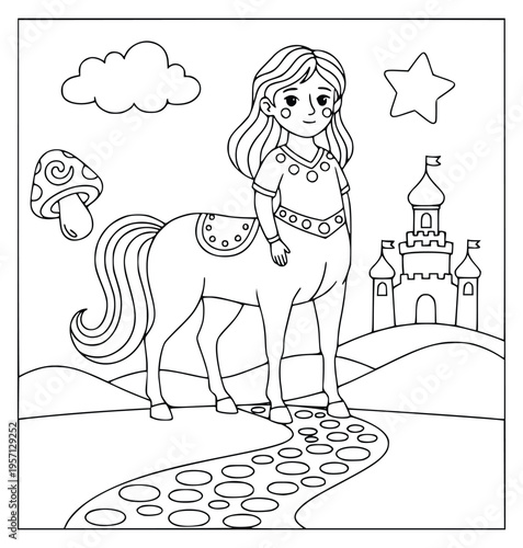  Mythology coloring page for kids with a princess centaur near a castle