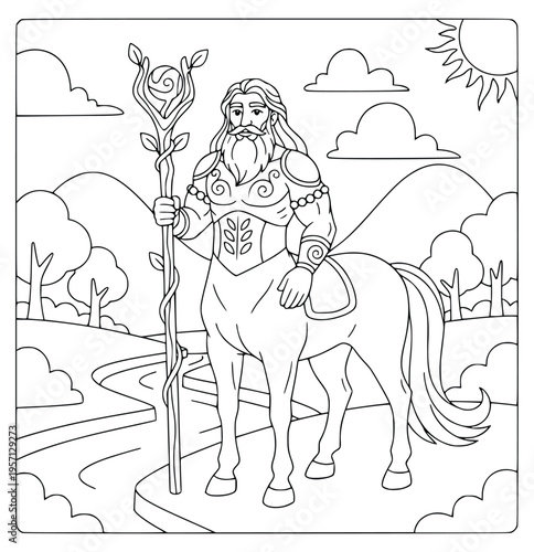 Mythology coloring page for kids features an old wise centaur with a staff