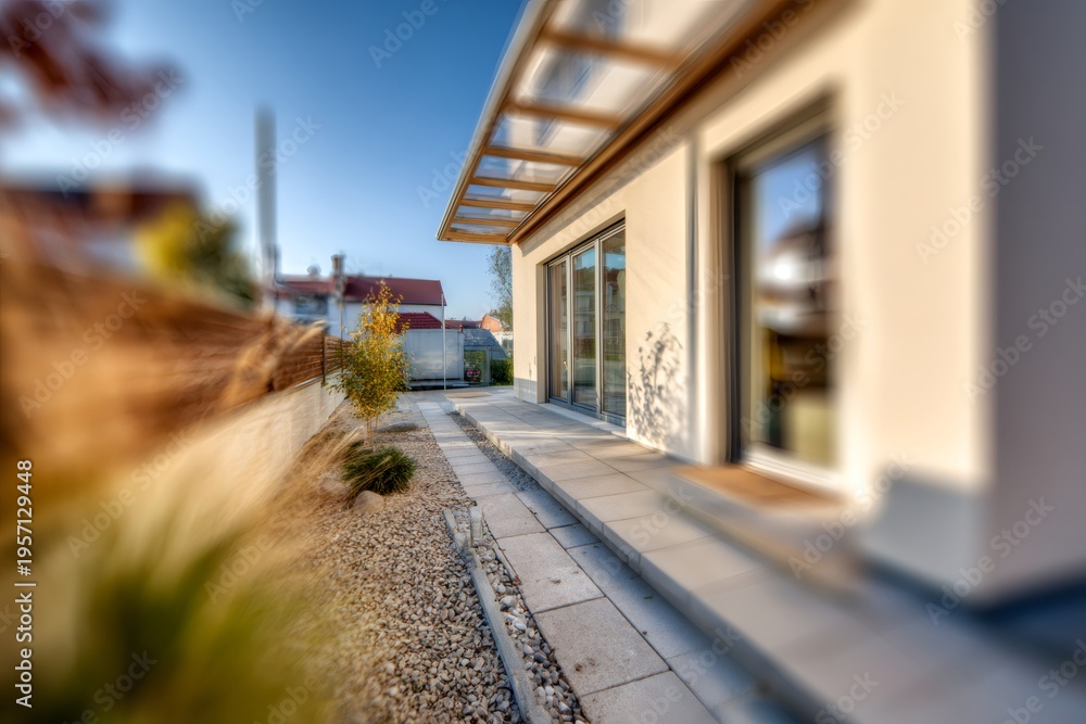 Obraz premium The exterior of a modern house with a patio and landscaped garden. Contemporary residential architecture and real estate property