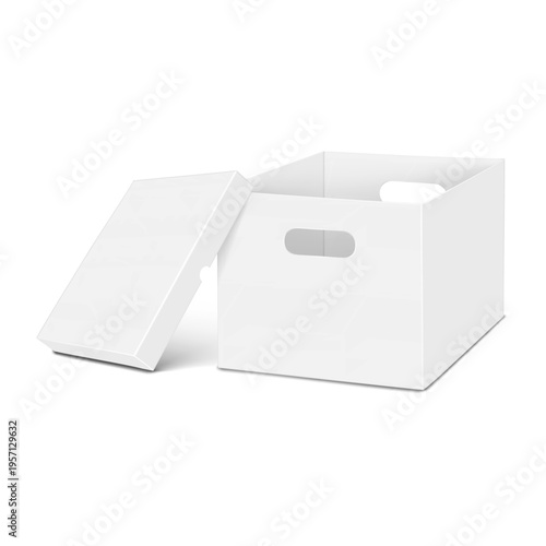 White blank open cardboard box with cut out handles, separate lift-off lid. Realistic 3d vector mock-up. Square file storage carton with carrying hand holes. Mockup. Template for design