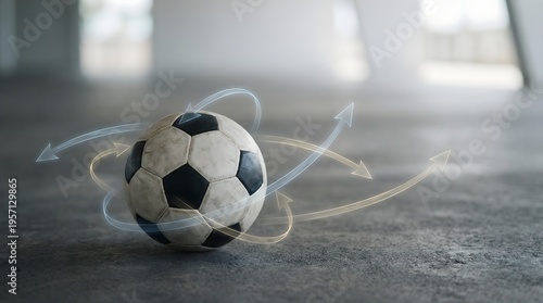 Soccer ball with directional arrows representing strategy and decision making in football business concept.