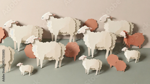 Close-up of layered paper fragments including pink and blue printed forms, translucent plastic strips, partial sheep cutouts, and fabric pattern visible beneath overlapping edges..
