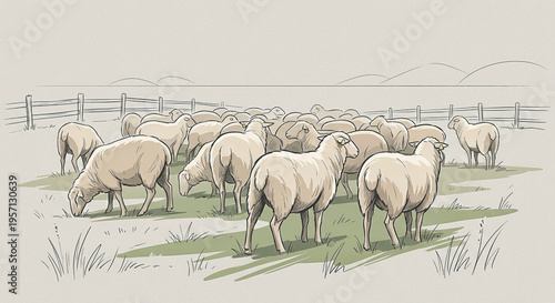a group of sheep with light beige soft wool grazing on grass inside a fenced field, with simple line details and distant hill outlines in background.