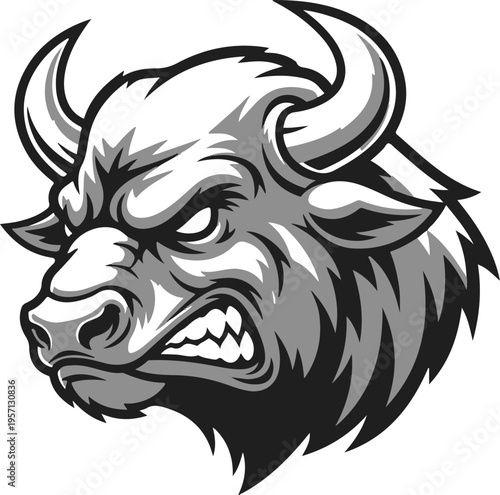 Vector angry bull head icon in black and white