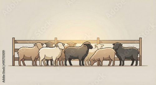depicting a row of sheep in varied wool tones including white beige gray and black standing side by side along a wooden fence on a soft gradient background