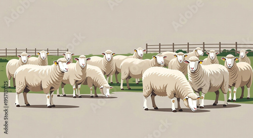 sheep with curly white fleece and faces stand on green grass before a white picket fence accented by tiny colorful ear tags against a plain white paper backdrop.
