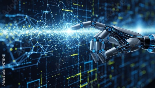 AI, Machine learning, Hands of robot touching on big data network connection background, Science and artificial intelligence technology, innovation and futuristic.