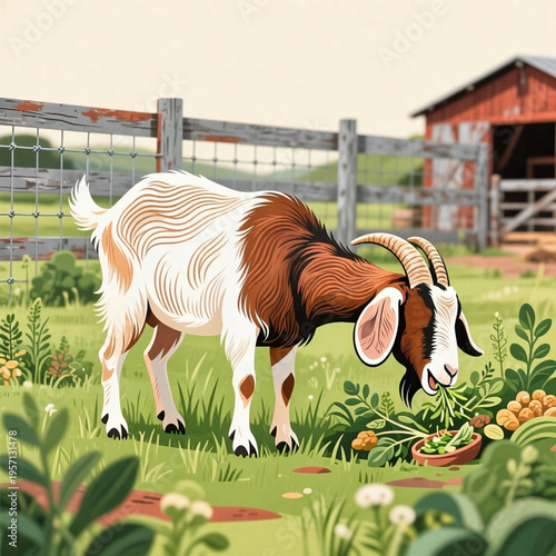 a brown and cream goat with curved horns eats layered leaves near a grey wooden fence, set against a smooth, light beige backdrop.