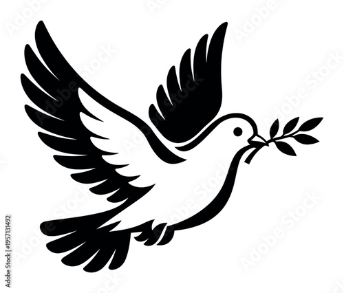 Dove in flight carrying an olive branch, embodying peace, worldwide harmony, spiritual freedom, and new opportunities